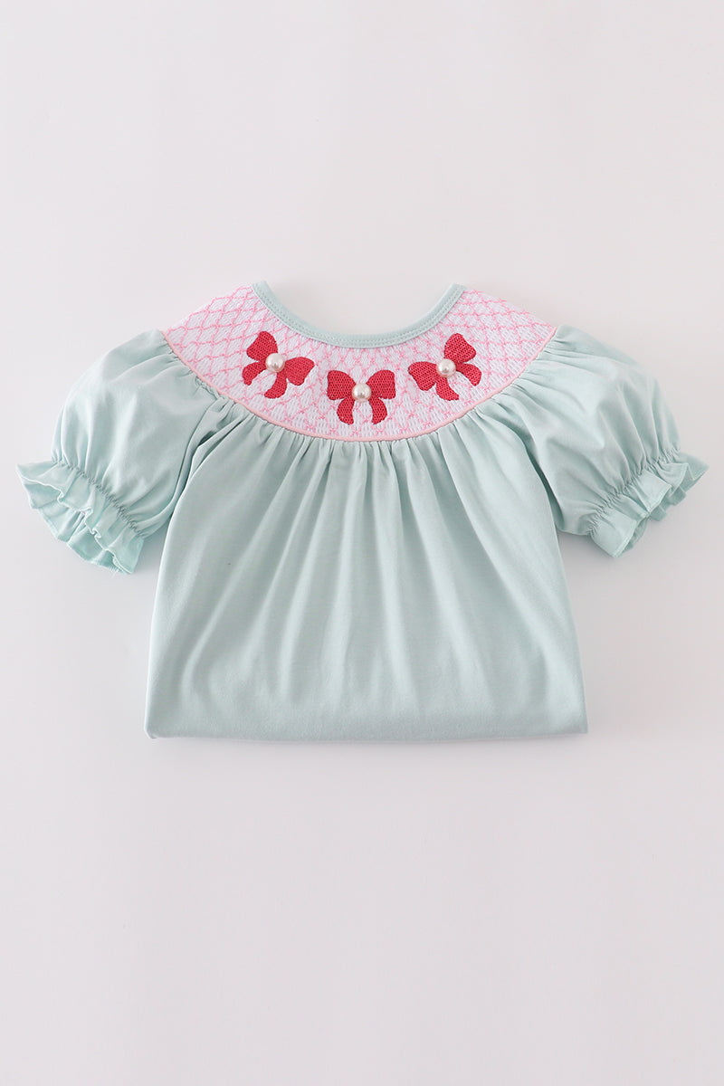 Blue bow pearl smocked dress