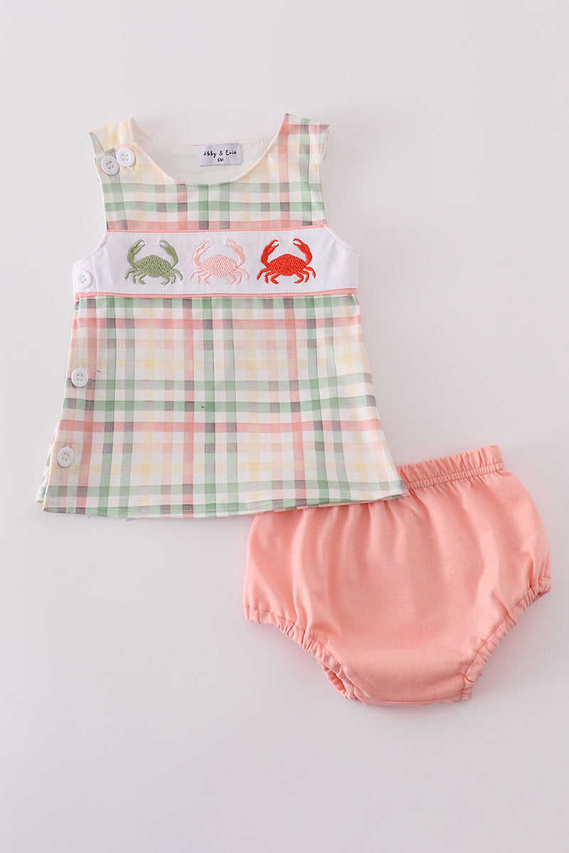 Crab embroidery plaid bloomer set