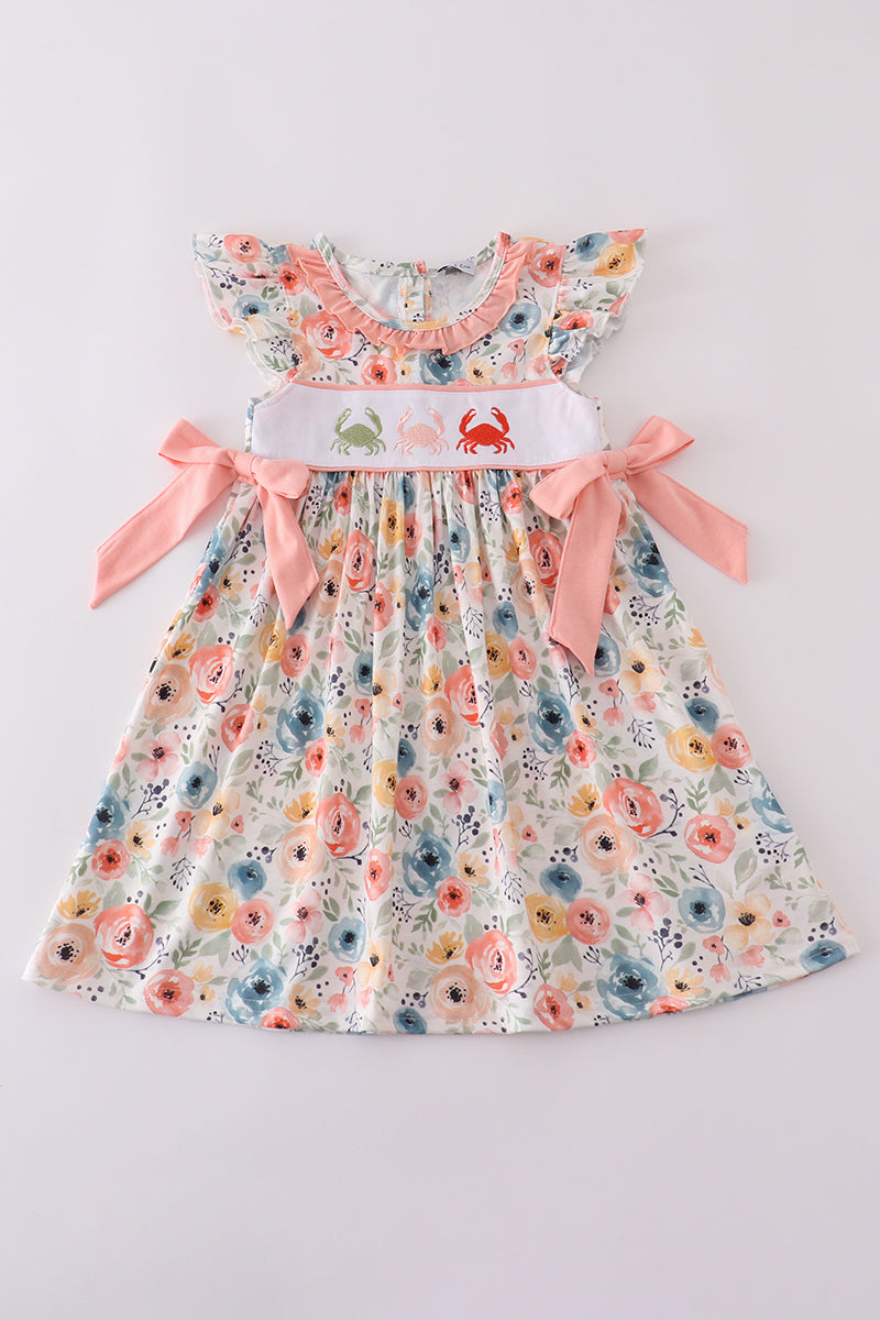 Floral crab embroidery bow ruffle dress