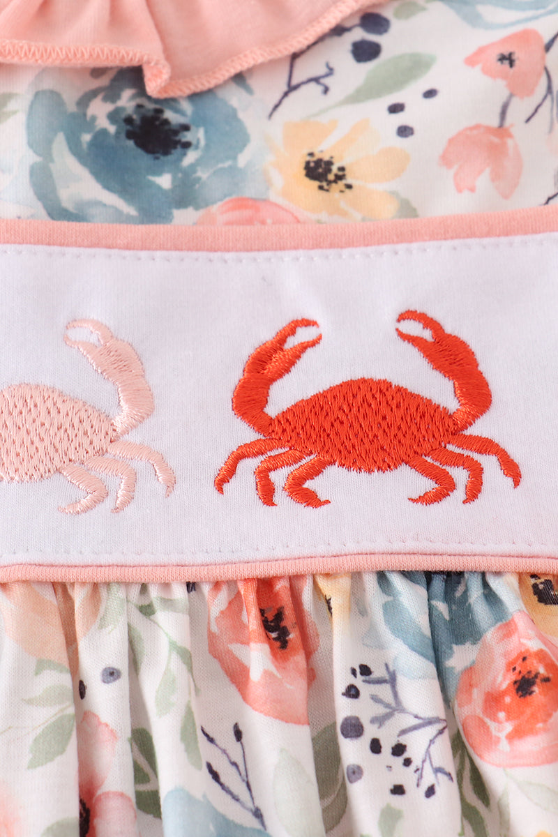 Floral crab embroidery bow ruffle dress
