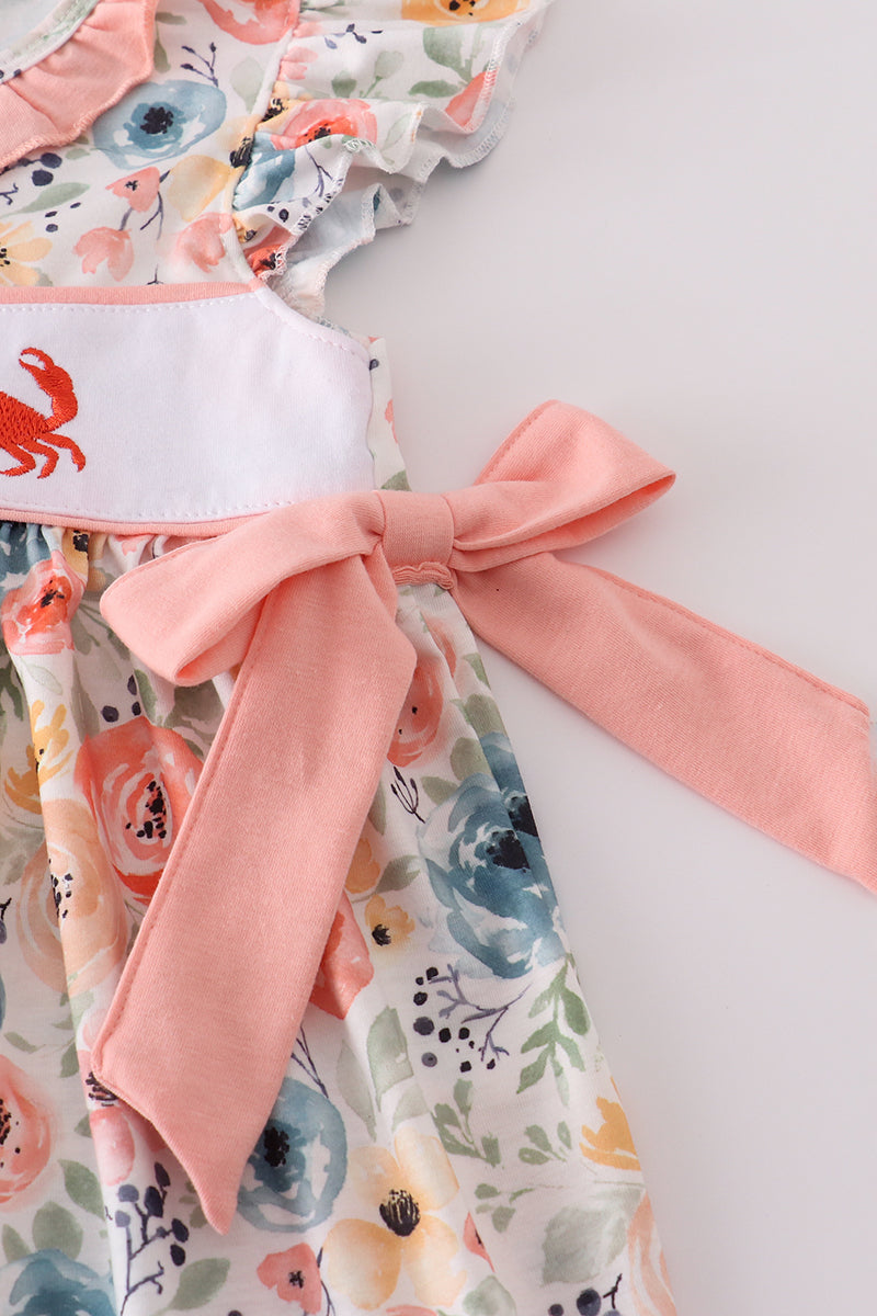 Floral crab embroidery bow ruffle dress