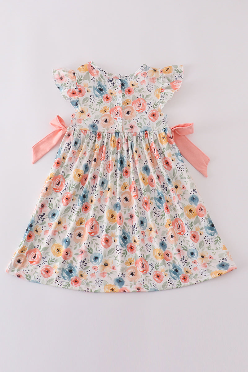 Floral crab embroidery bow ruffle dress