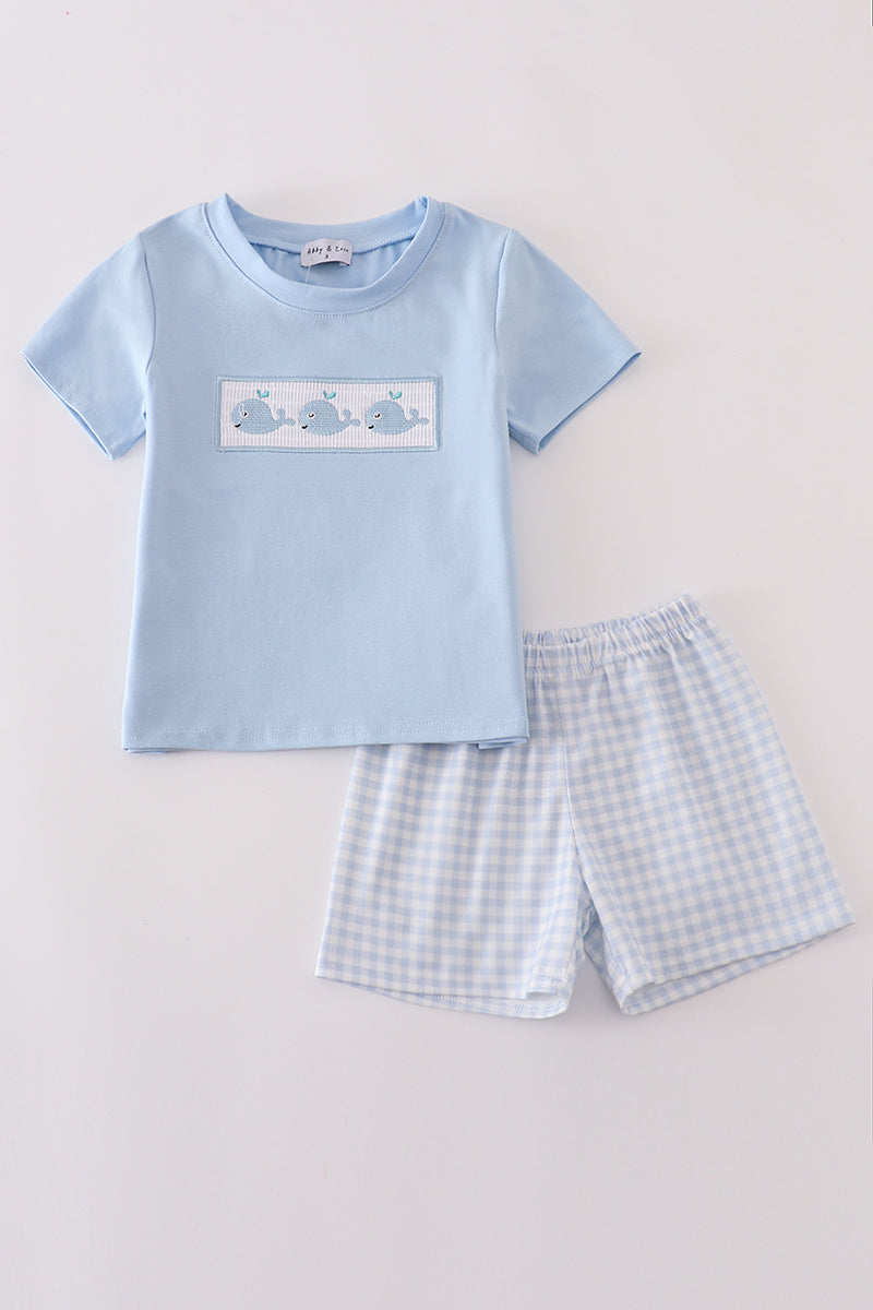 Blue whale embroidery smocked shorts set