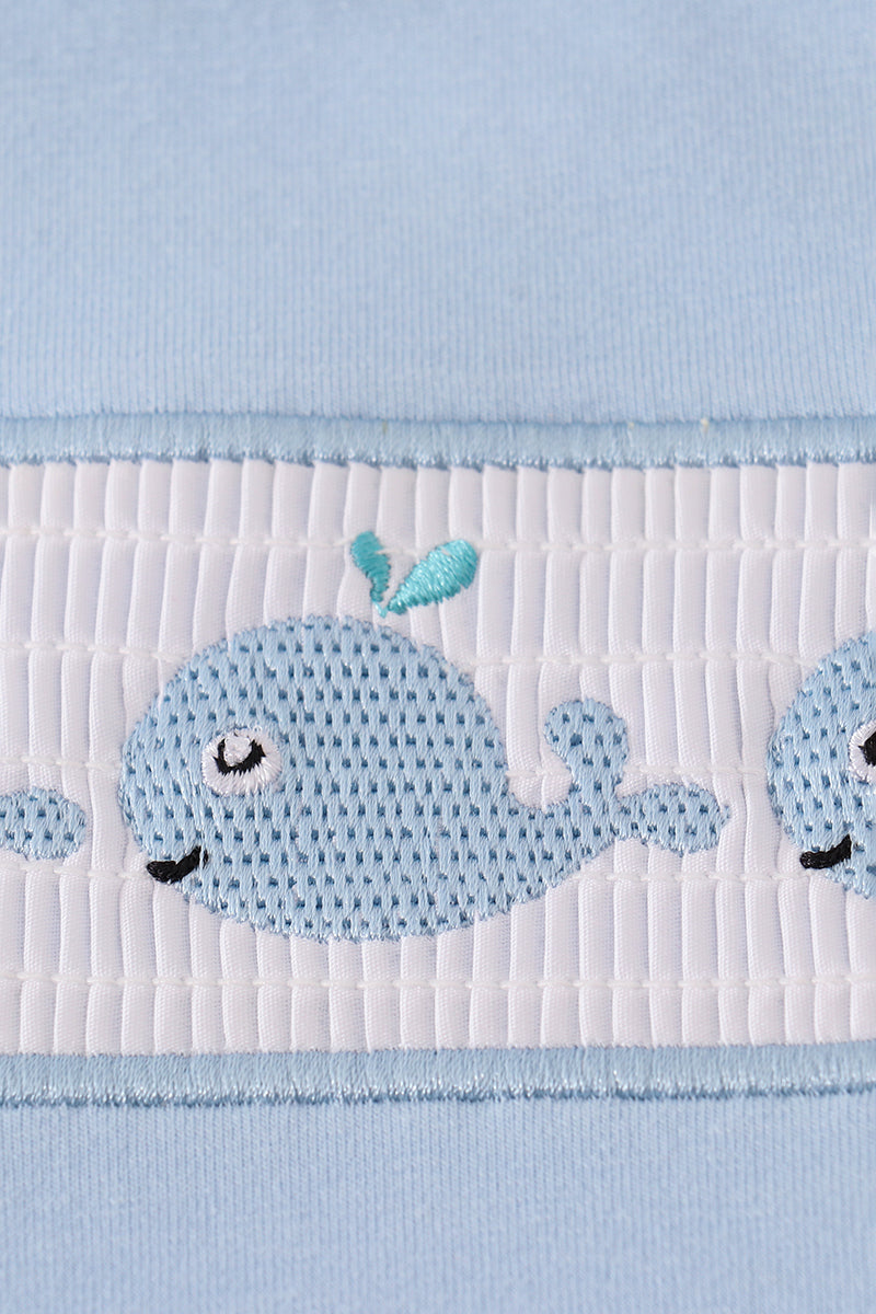 Blue whale embroidery smocked shorts set