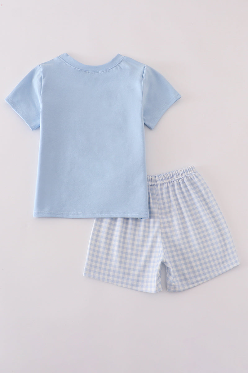 Blue whale embroidery smocked shorts set
