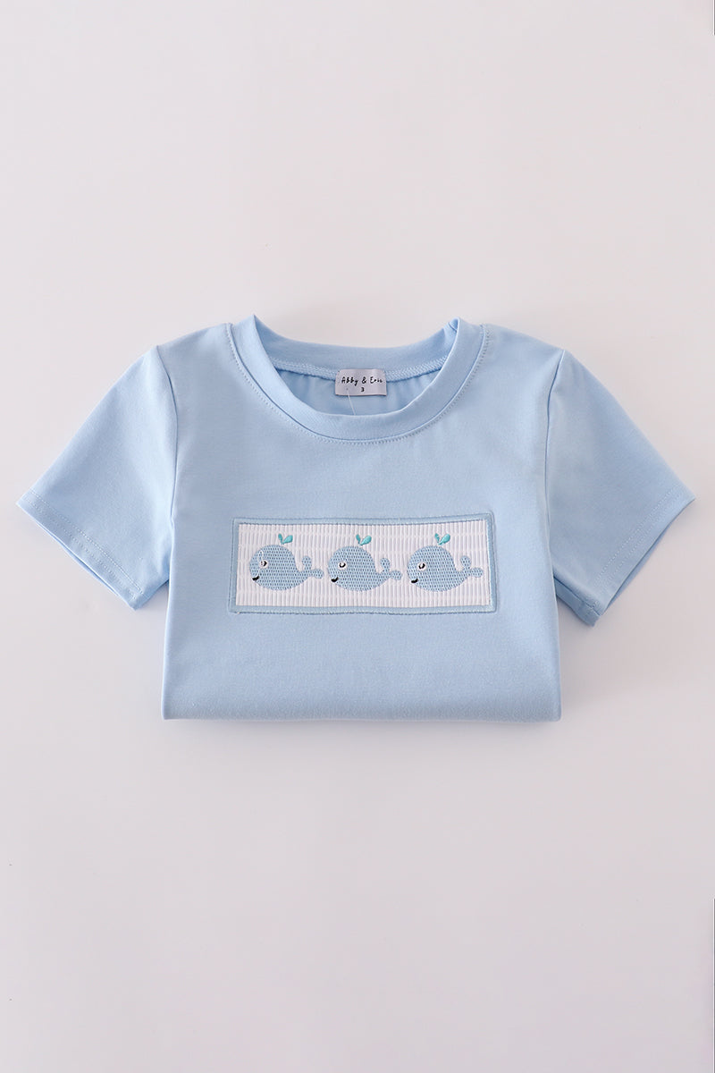 Blue whale embroidery smocked shorts set