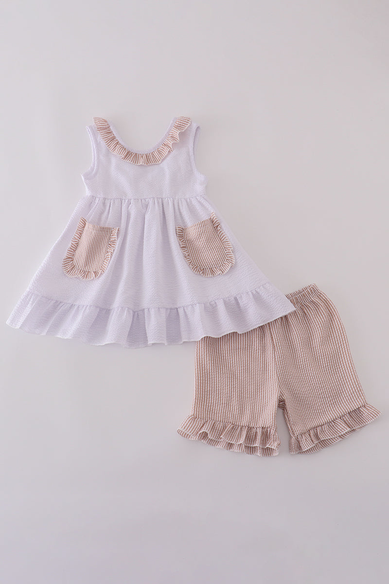 Brown white seersucker stripe ruffle shorts set