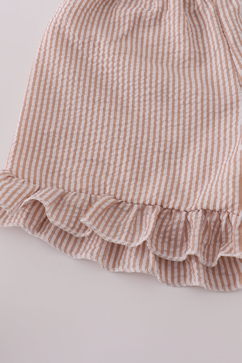 Brown white seersucker stripe ruffle shorts set