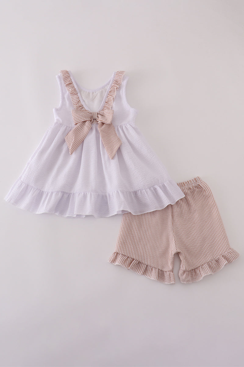 Brown white seersucker stripe ruffle shorts set