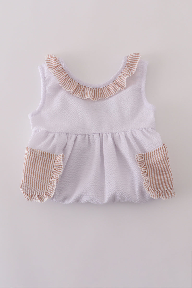 Brown white seersucker stripe ruffle shorts set