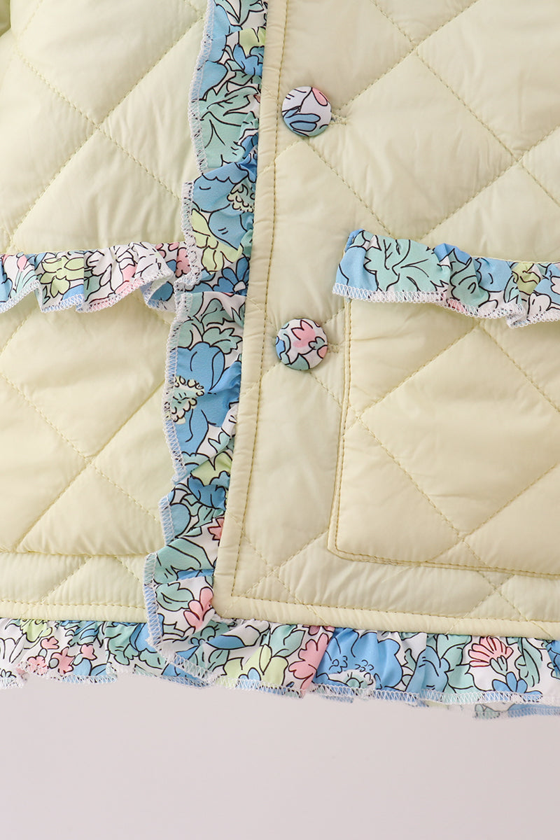 Yellow floral print ruffle quilted jacket