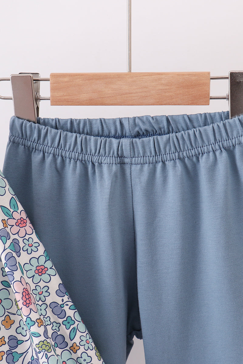 Blue floral blessed embroidery ruffle pants set