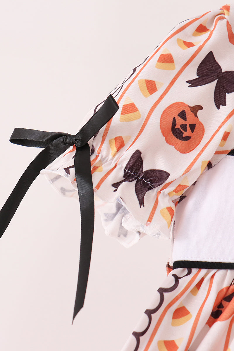 Pumpkin bow embroidery ruffle dress