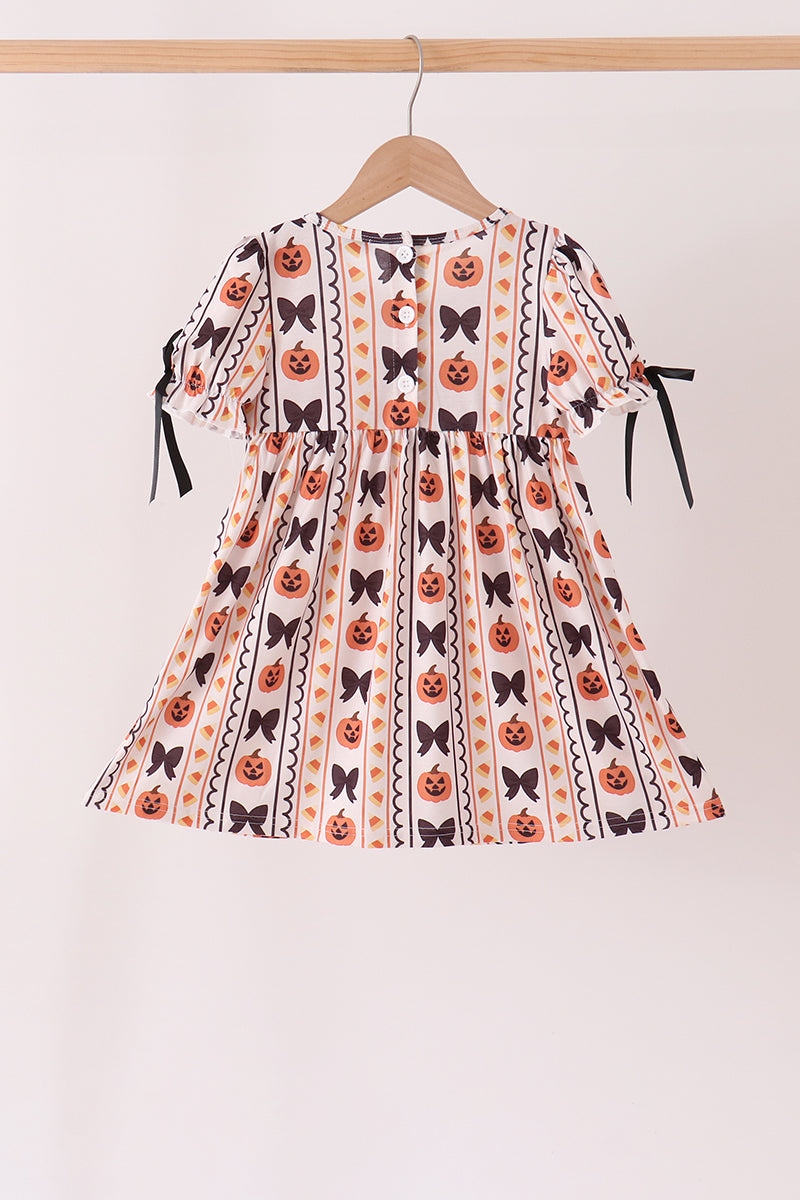 Pumpkin bow embroidery ruffle dress