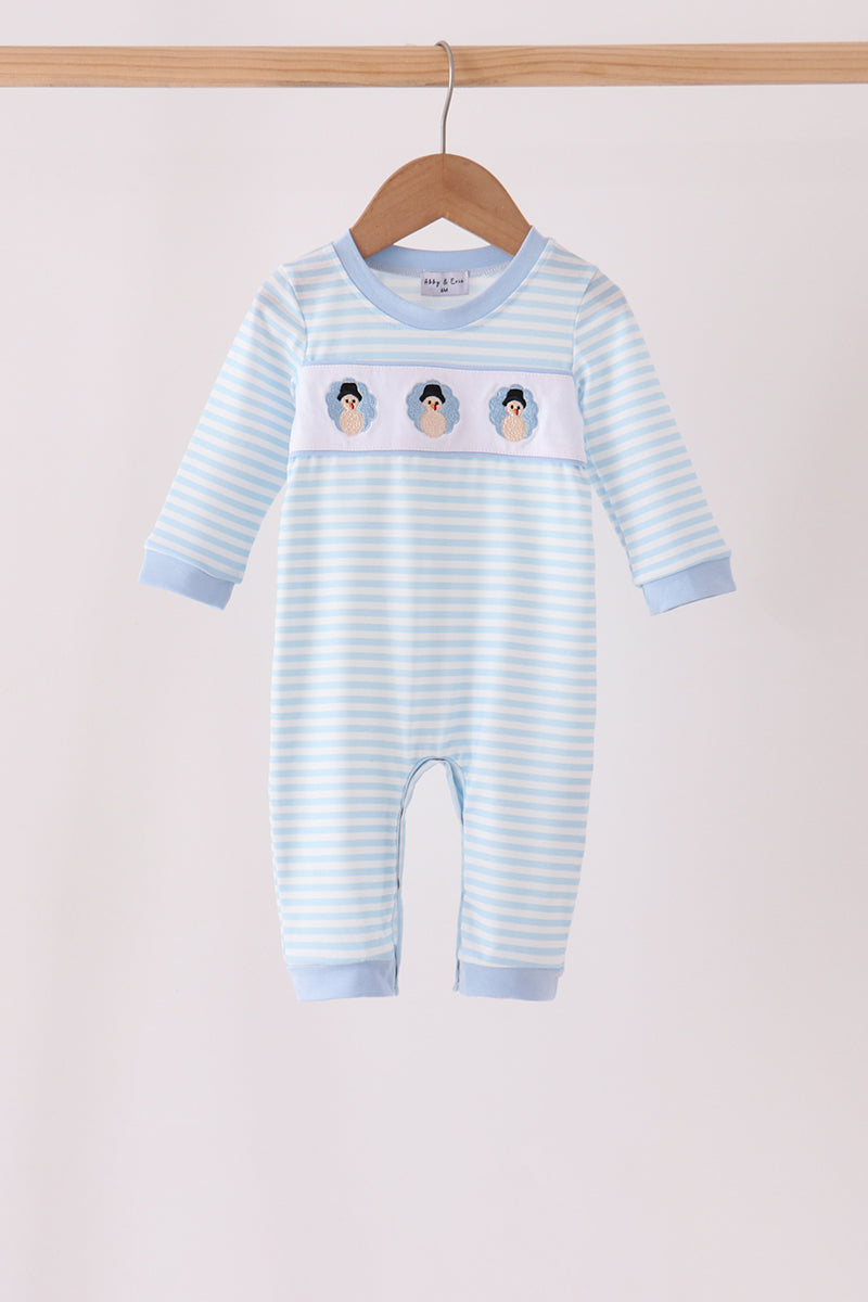 Blue turkey embroidery stripe romper