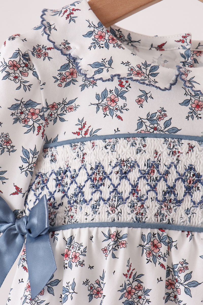 Teal floral smocked bow bubble