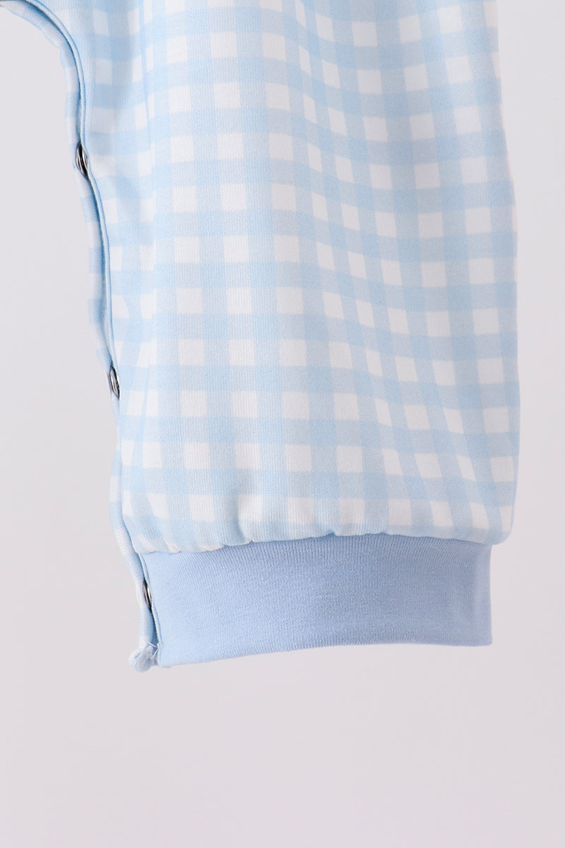 Blue train embroidery gingham romper
