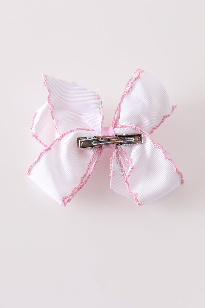 Pink santa claus embroidery crochet edge hair bow