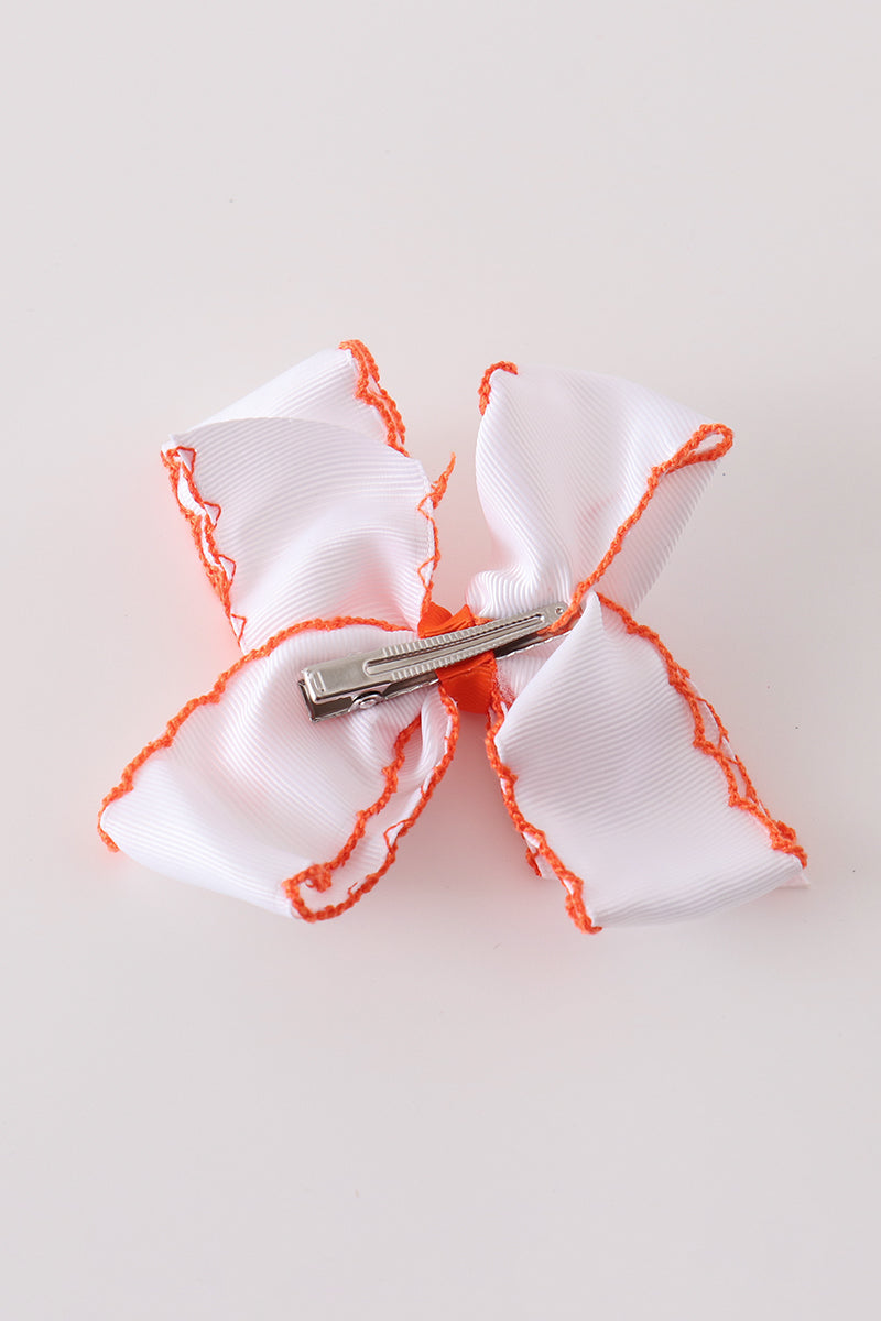 Orange pumpkin embroidery crochet edge hair bow