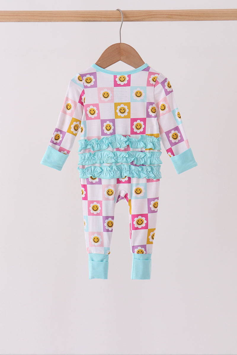 Blue smiling checkered ruffle bamboo romper