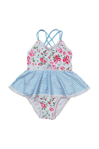 Red floral print stripe one-piece girl swimsuit
