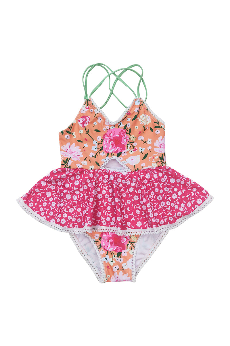 Red floral print strap onepiece girl swimsuit Honeydew USA