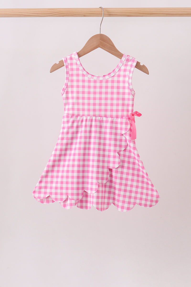 Pink Performance Gingham Bow Scalloped Dress