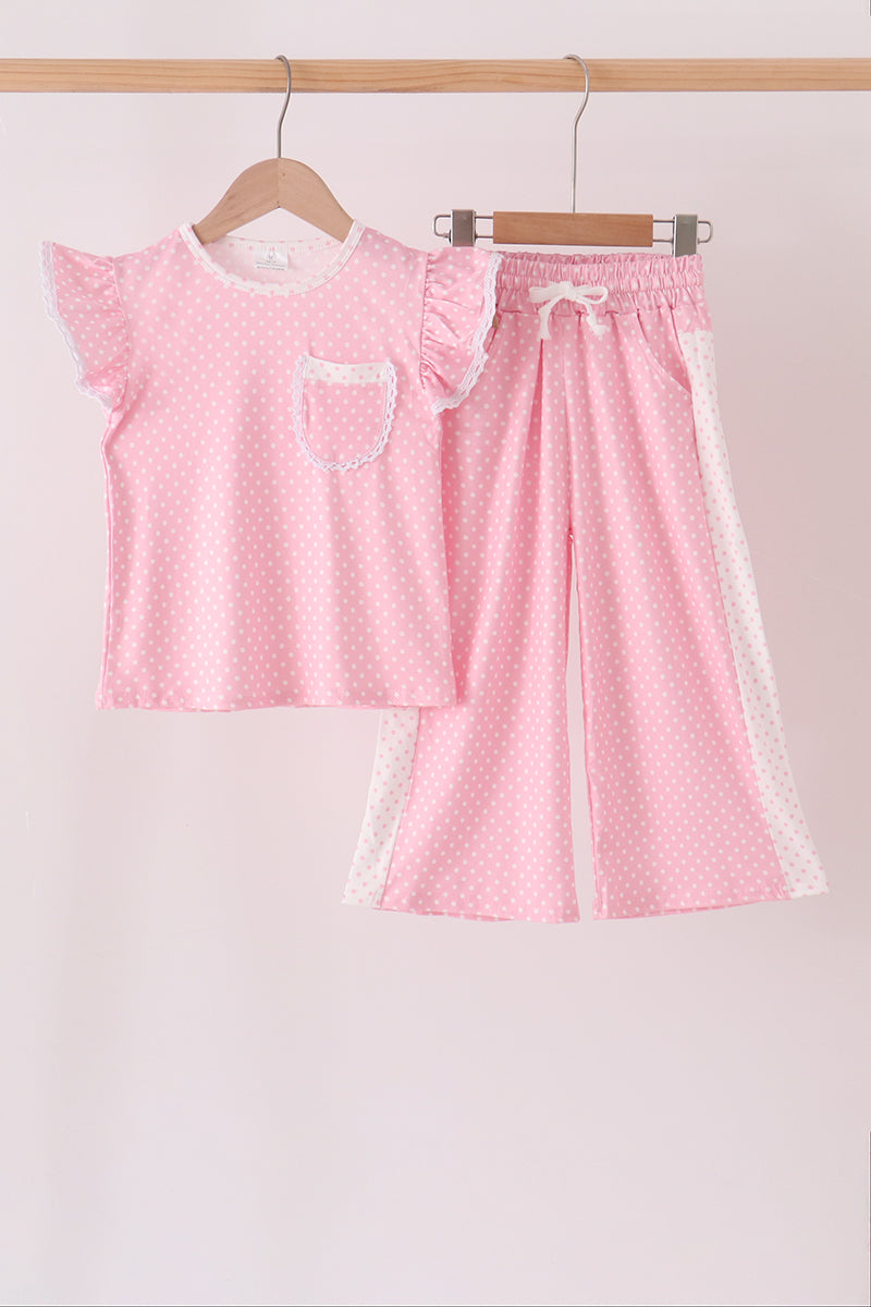 Pink polka dot pocket ruffle pants set