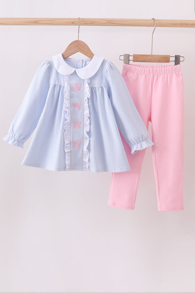 Premium blue stripe bow embroidery pants set