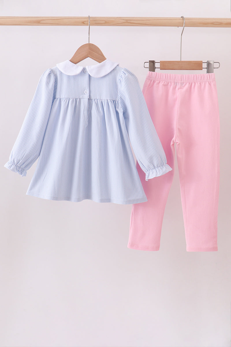 Premium blue stripe bow embroidery pants set