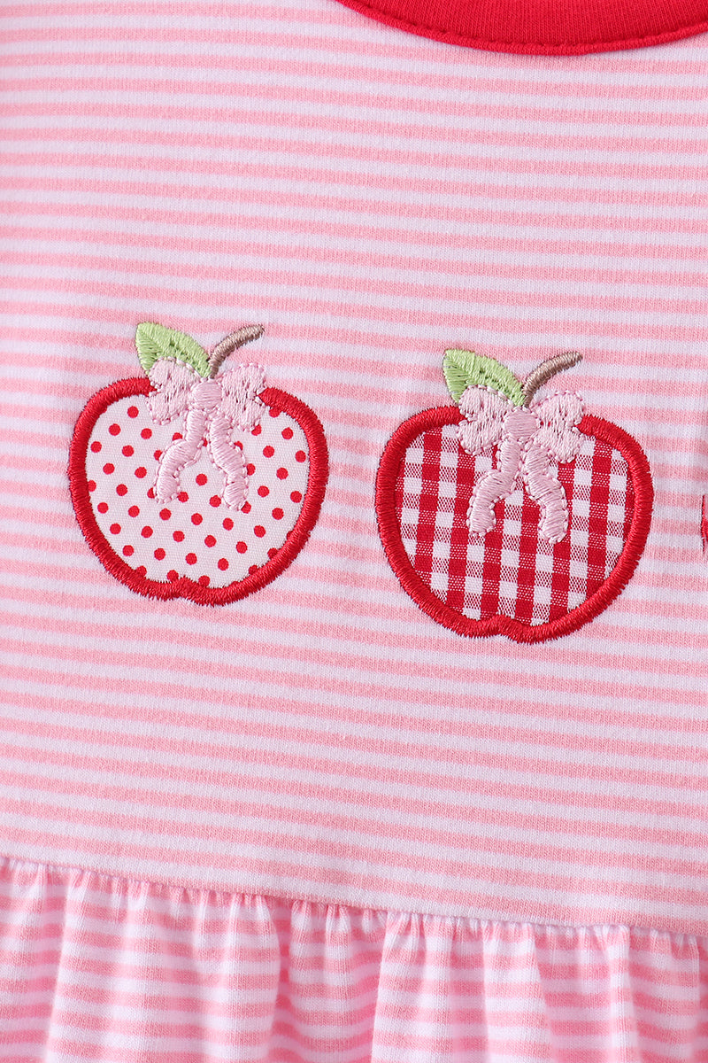 Pink apple embroidery stripe dress