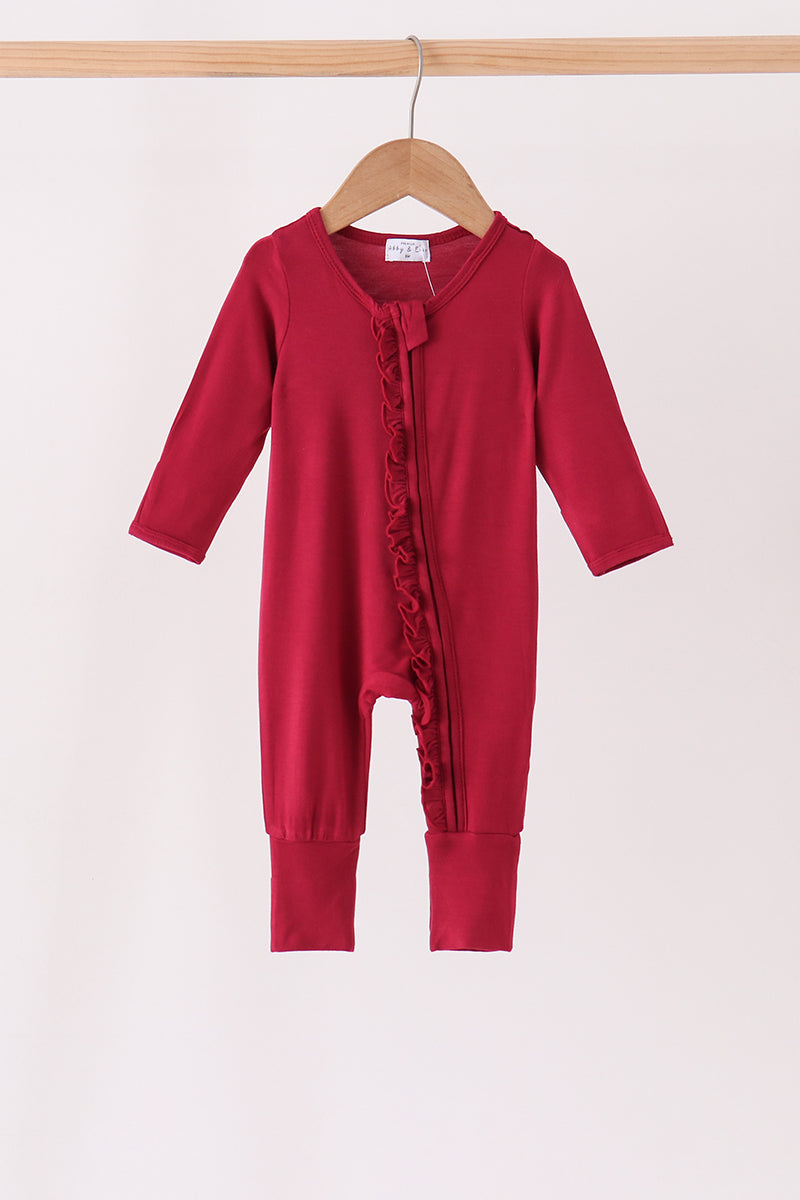 Burgundy ruffle zipper bamboo romper