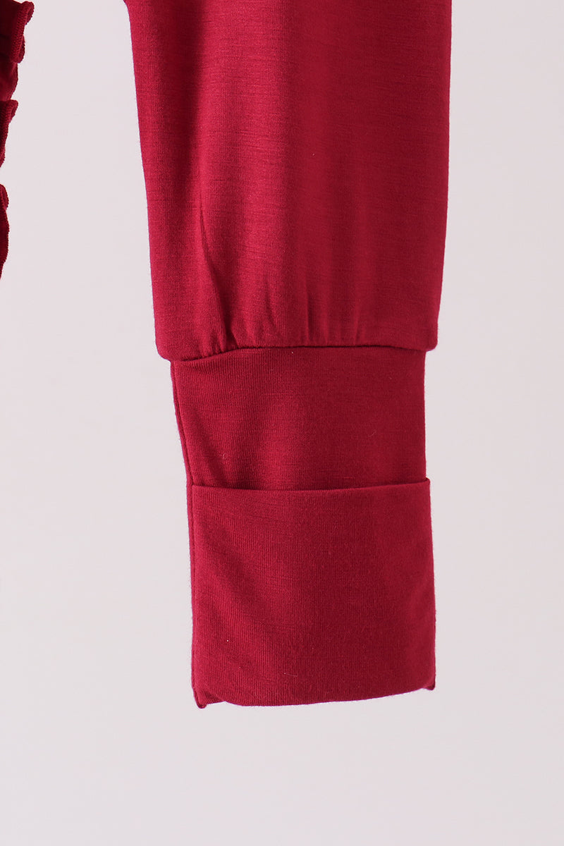 Burgundy ruffle zipper bamboo romper