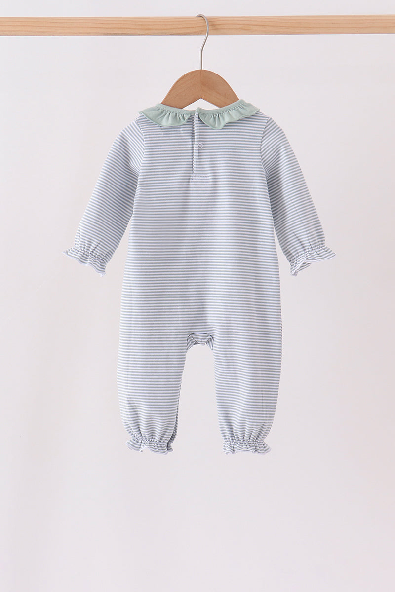 Sage turkey embroidery ruffle stripe romper