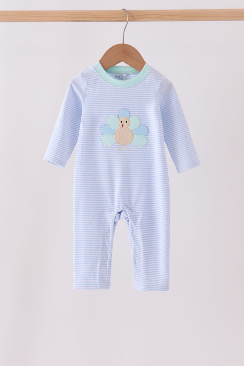 Blue turkey embroidery stripe romper