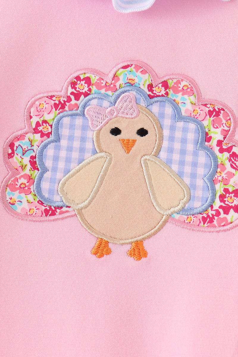 Pink turkey embroidery ruffle romper