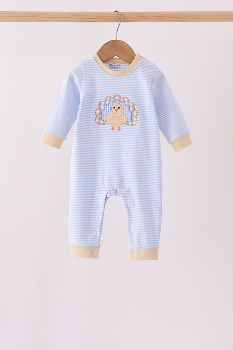 Blue turkey embroidery stripe romper