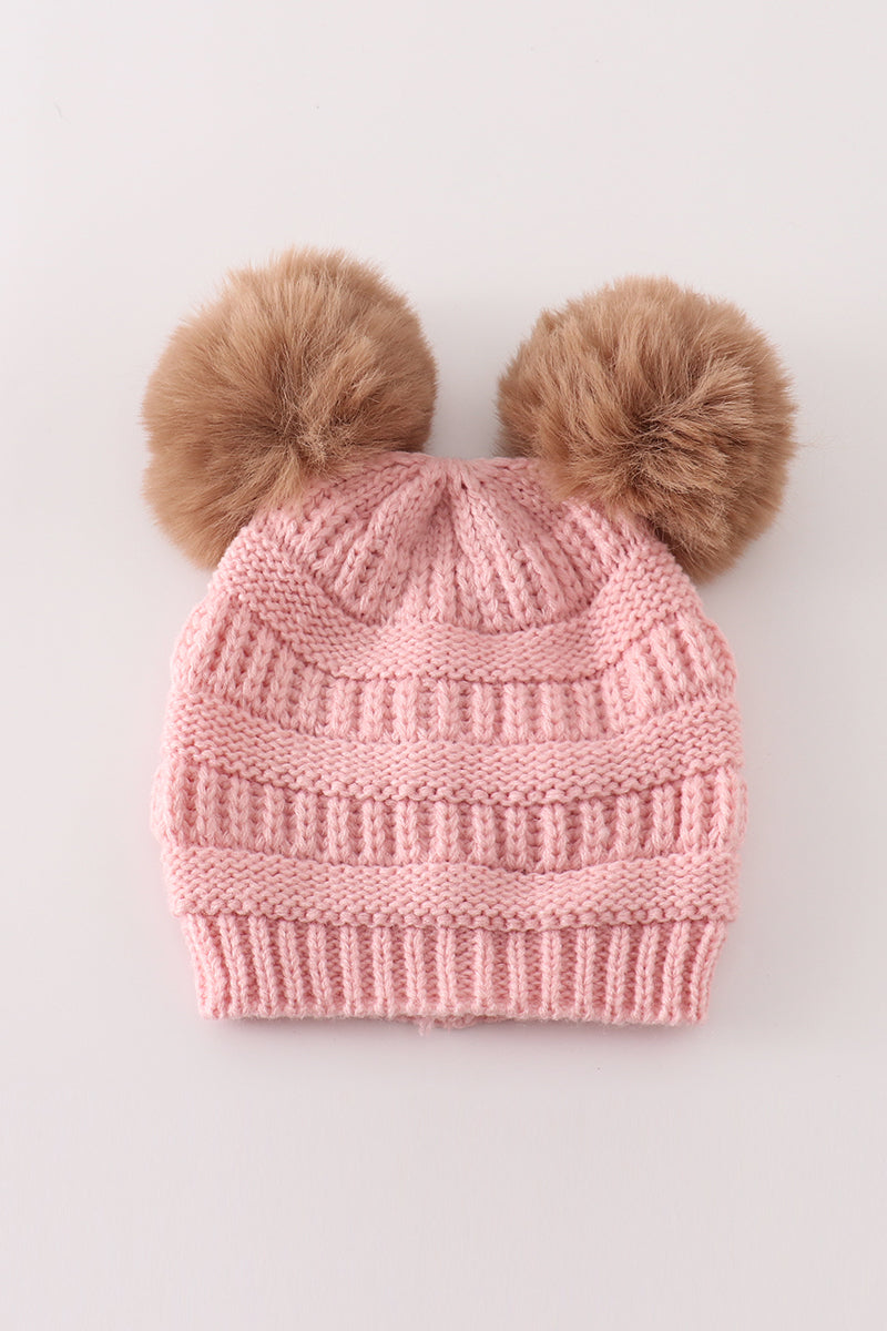 Pink double pompom cable beanie hat