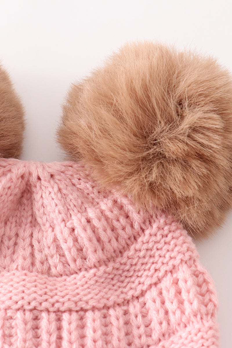 Pink double pompom cable beanie hat