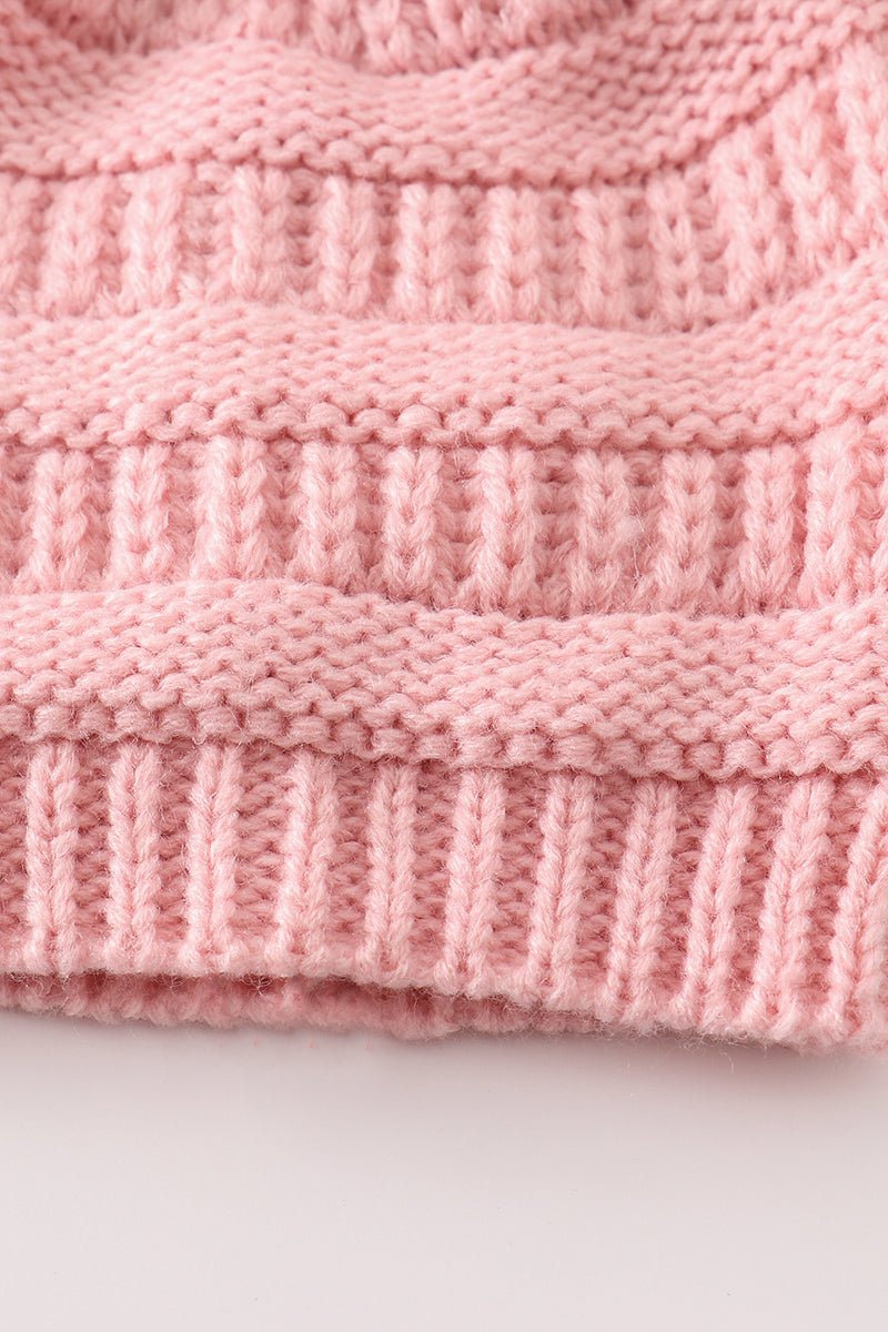 Pink double pompom cable beanie hat