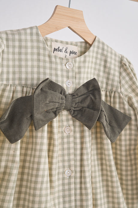 Green gingham flannel bow dress