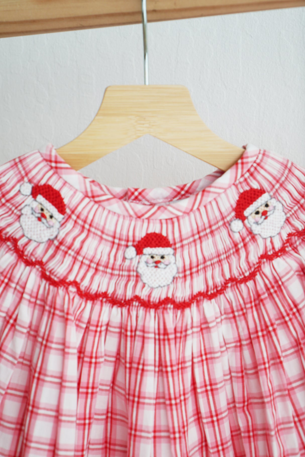 Red christmas santa claus hand smocked plaid dress