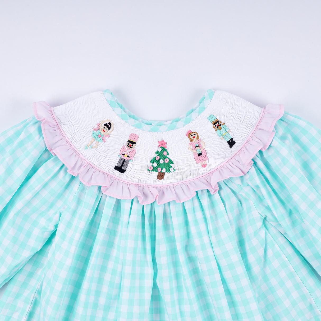 Mint christmas nutcracker hand smocked gingham ruffle pants set