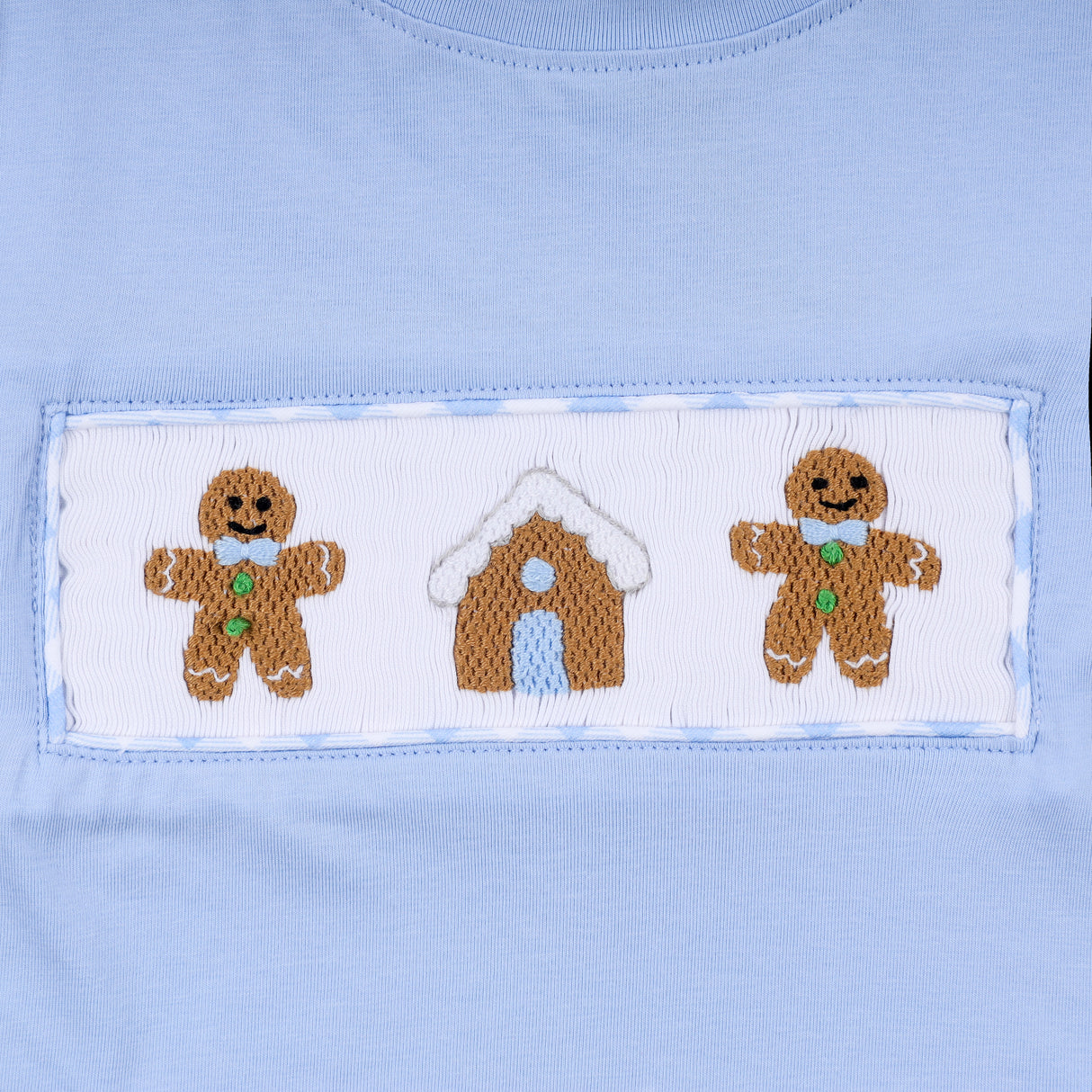 Blue gingerbread hand smocked gingham pants set