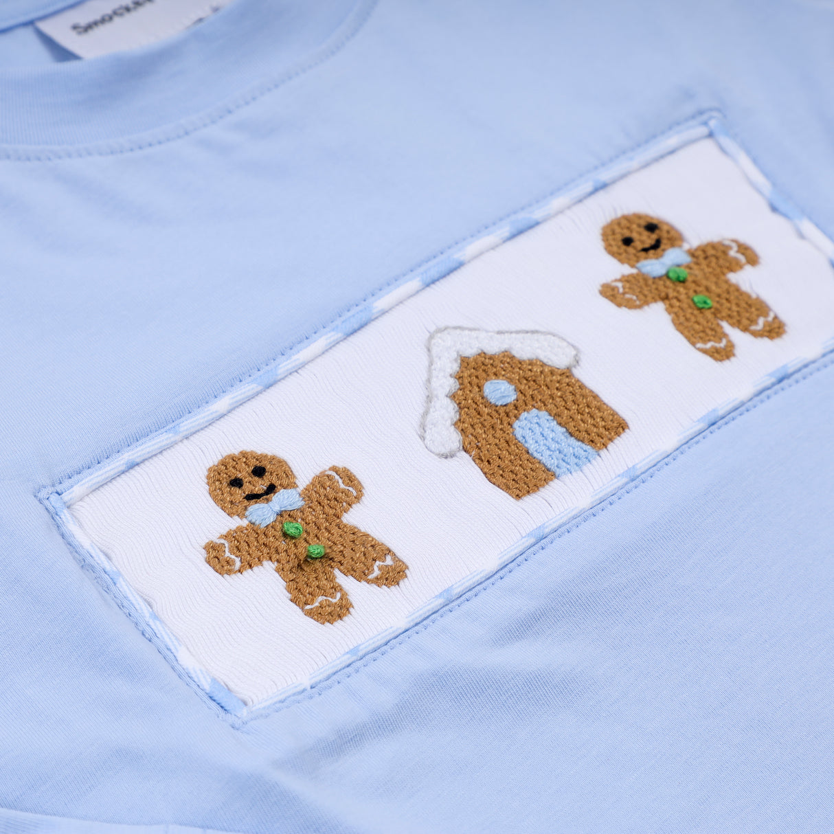 Blue gingerbread hand smocked gingham pants set