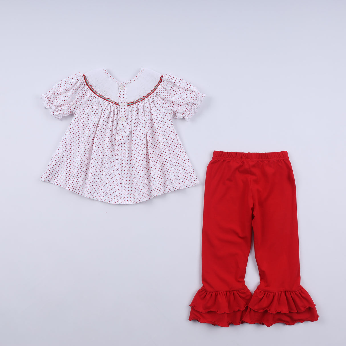 Red gingerbread hand smocked ruffle pants set