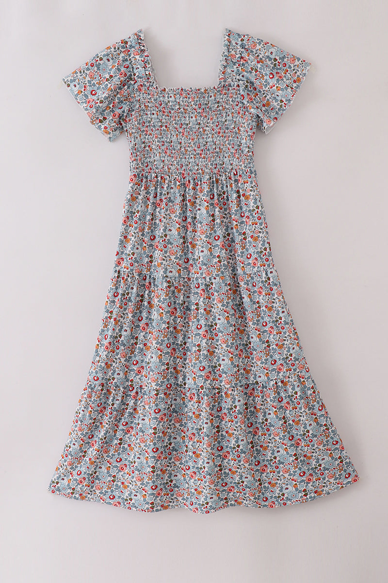 Floral print smocked mom dress