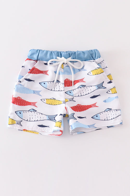 Fish print boy swim trunks
