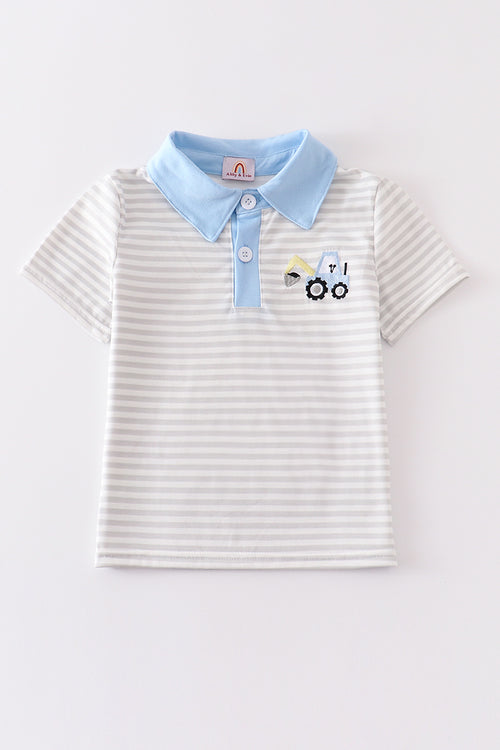 Blue excavator embroidery stripe boy shirt