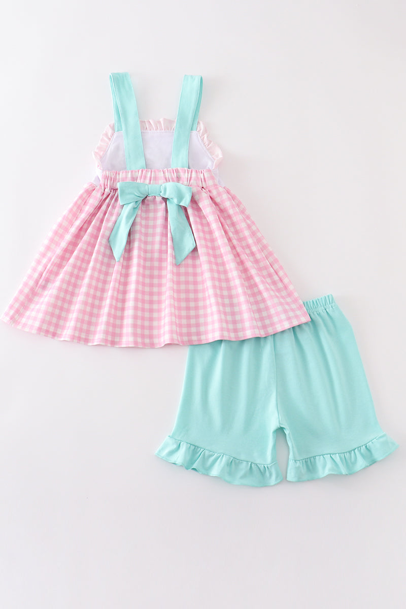 Pink tractor embroidery plaid girl set